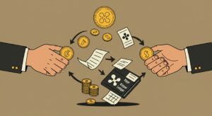 구겐하임과 리플의 파트너십을 상징하는 두 손이 XRP 레저 위에서 악수하며 자산이 교환되는 모습을 표현한 레트로 삽화