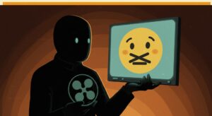 리플 XRP 로고와 입 없는 이모티콘이 보이는 디지털 화면 뒤에 그림자진 인물이 서 있는 모습을 레트로 삽화 스타일로 표현.