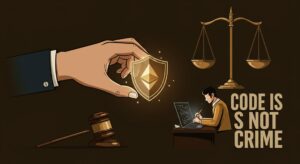 이더리움 재단이 토네이도 캐시 개발자를 보호하는 레트로 삽화로, 코딩하는 사람 위에 방패가 있고 '코드는 범죄가 아니다'라는 문구가 쓰여 있다.