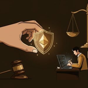 이더리움 재단이 토네이도 캐시 개발자를 보호하는 레트로 삽화로, 코딩하는 사람 위에 방패가 있고 '코드는 범죄가 아니다'라는 문구가 쓰여 있다.