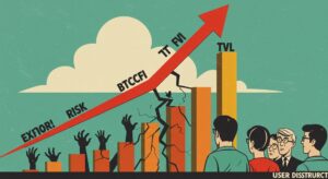 'BTCFi TVL'이라고 적힌 치솟는 그래프에 균열이 가 있고, 그 사이로 '위험'을 상징하는 손들이 나오는 모습을 묘사한 레트로 삽화. 사용자들이 회의적인 표정으로 이를 바라보고 있다.