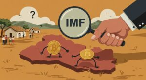 엘살바도르의 비트코인 법정 통화 채택이 IMF 협약으로 인해 제약을 받고 대중 교육에 공백이 생긴 상황을 상징하는 레트로 삽화.