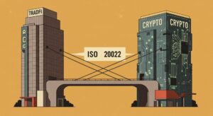 전통 금융을 상징하는 건물과 암호화폐를 상징하는 건물이 'ISO 20022'라고 적힌 튼튼한 다리로 연결되는 모습을 담은 레트로 스타일 삽화.
