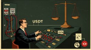 한 남성이 'USDT'라고 적힌 전선들을 러시아 은행 로고가 있는 콘센트에 연결하는 복잡한 교환기를 조작하는 레트로 스타일 삽화. 불법 자금 세탁과 제재 회피를 상징한다.