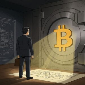 비트코인 로고가 새겨진 금고 앞에 서서 디지털 은행 설계도를 바라보는 경영인의 모습을 담은 레트로 스타일 삽화