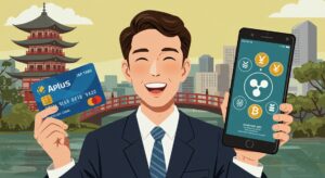 일본 소비자가 에이플러스 신용카드와 XRP 로고가 보이는 스마트폰을 들고 있는 레트로 스타일 삽화. 전통과 현대를 잇는 다리가 배경에 보이며 금융의 혁신을 상징한다.