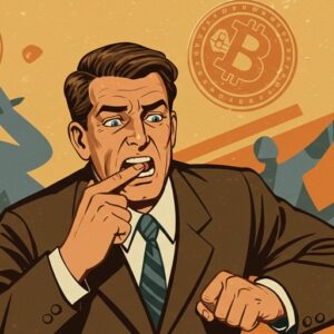 손가락을 물어뜯으며 필사적으로 싸우는 남자의 영웅적인 모습을 담은 레트로 삽화. 긴장감 넘치는 탈출 장면과 함께 암호화폐 모티프가 은은하게 배경에 배치되어 있다.