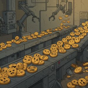 로봇 팔이 컨베이어 벨트 위 수많은 밈코인을 찍어내고 있는 공장의 모습을 담은 레트로 스타일 삽화