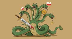 FinCEN이라는 칼에 목이 잘리자 폴란드 등 새로운 머리가 자라나는 히드라 괴물로 묘사된 후이원 네트워크의 레트로 일러스트