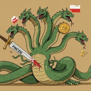 FinCEN이라는 칼에 목이 잘리자 폴란드 등 새로운 머리가 자라나는 히드라 괴물로 묘사된 후이원 네트워크의 레트로 일러스트
