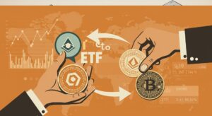 암호화폐 코인을 ETF 주식과 교환하는 손을 묘사한 레트로 삽화. 금융 차트와 블록체인 패턴이 배경에 있다.